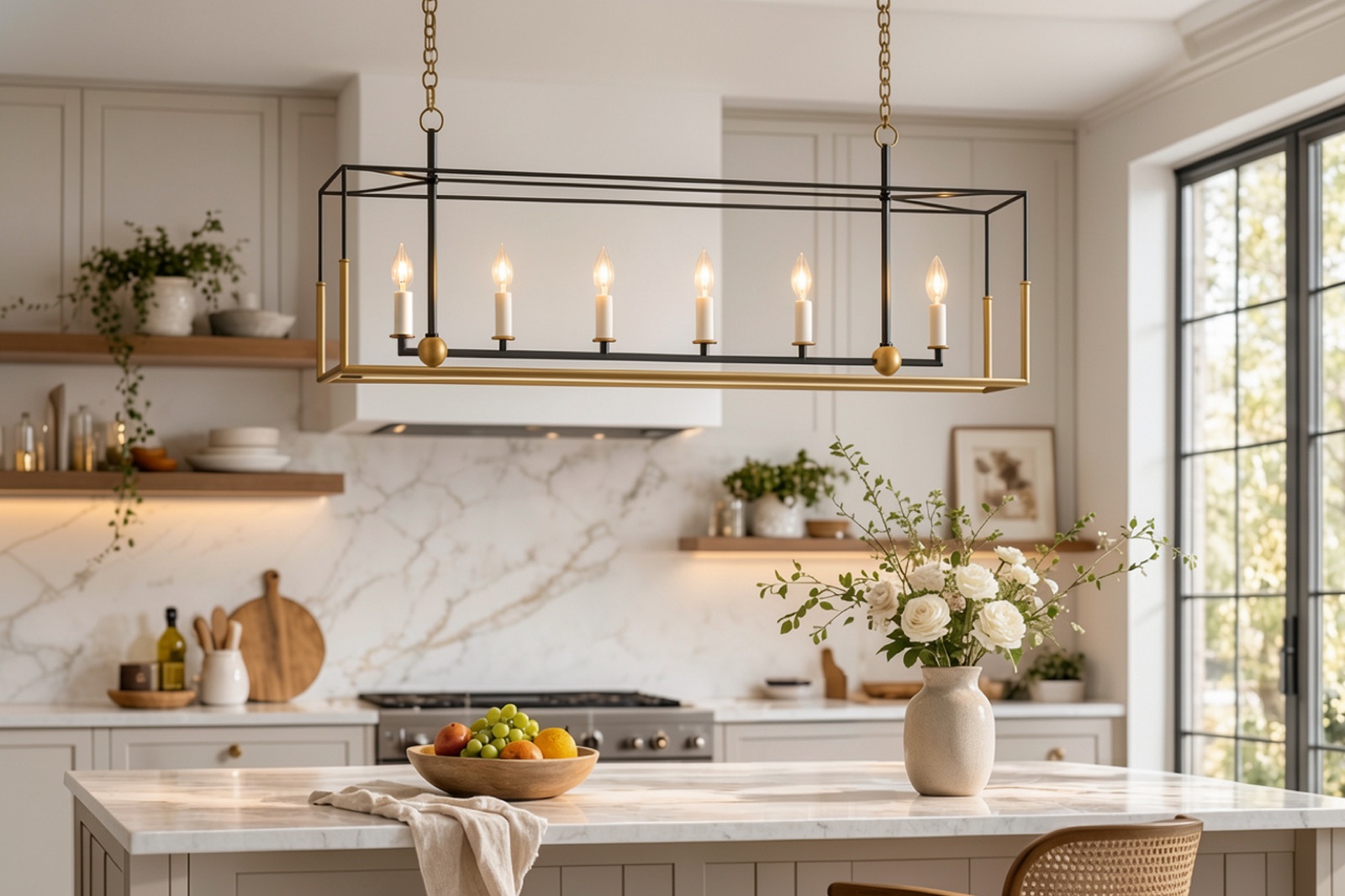 Kitchen island with linear chandelier pendant lighting