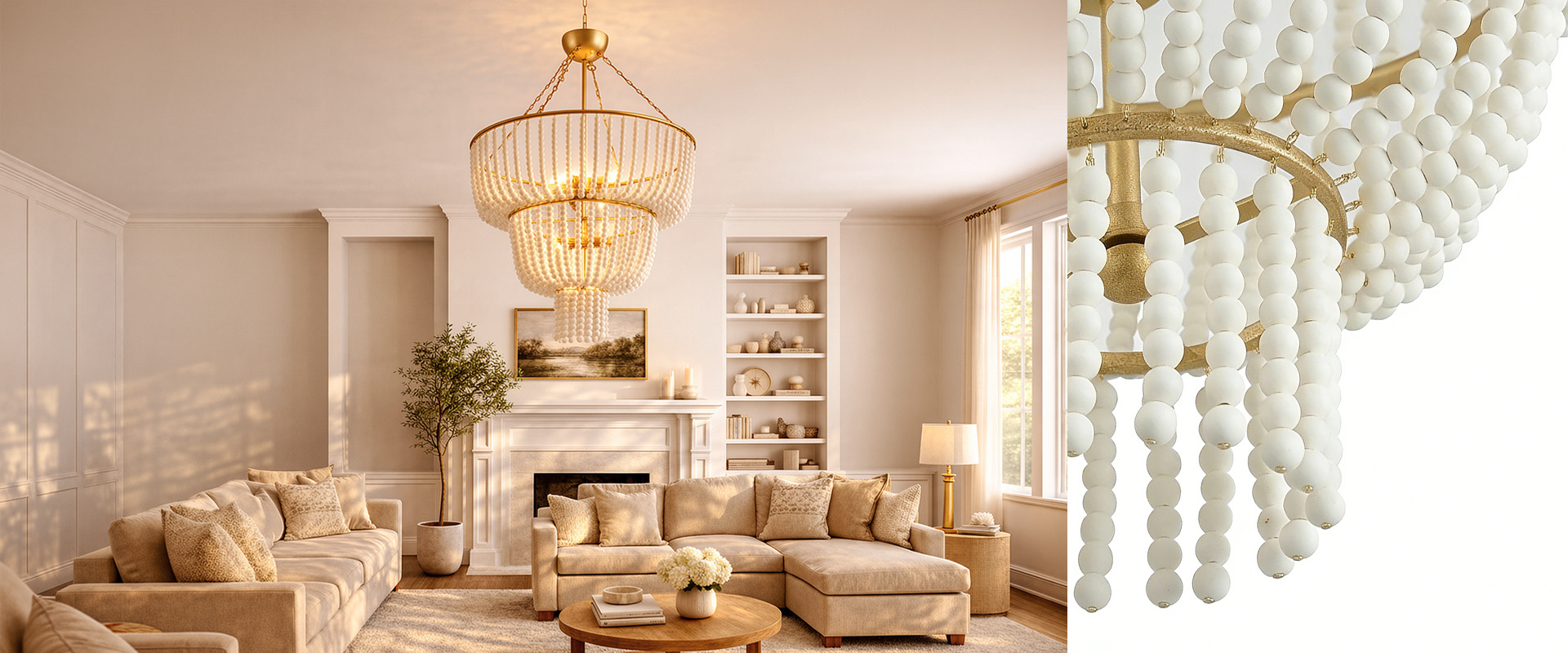 Living room with statement beaded chandelier