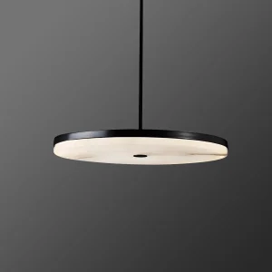 Disc alabaster pendant light in dark finish, modern minimalist design