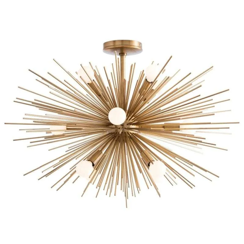 brass-starburst-chandelier-89967-1 Brass Starburst Chandelier mid-century Sputnik multi-arm brass ceiling light with warm golden glow in contemporary living room interior