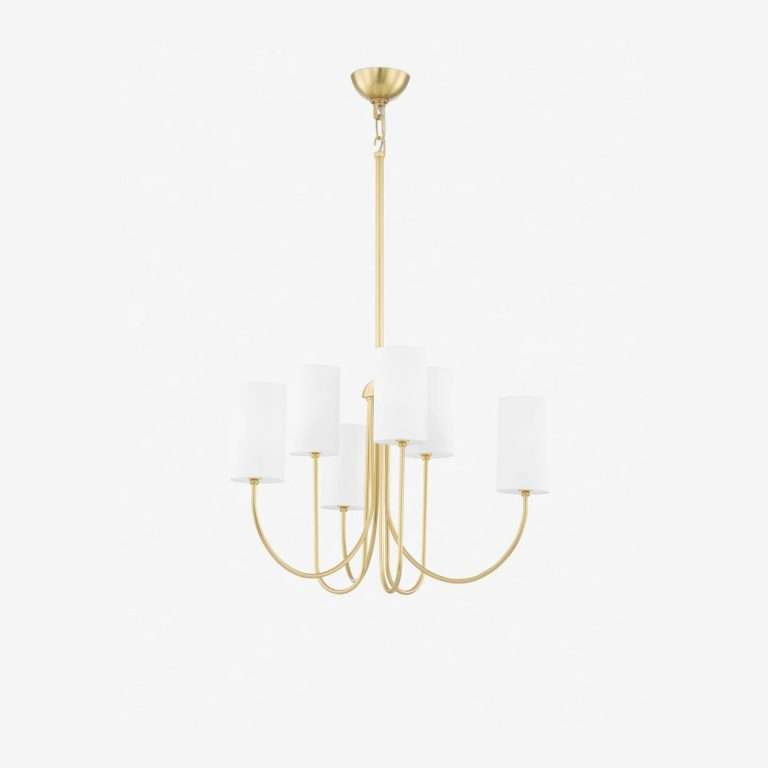 Midford Aged Brass Linen Shade Chandelier 8-Light heritage patinated brass arms eight linen shades soft layered glow in elegant dining room interior
