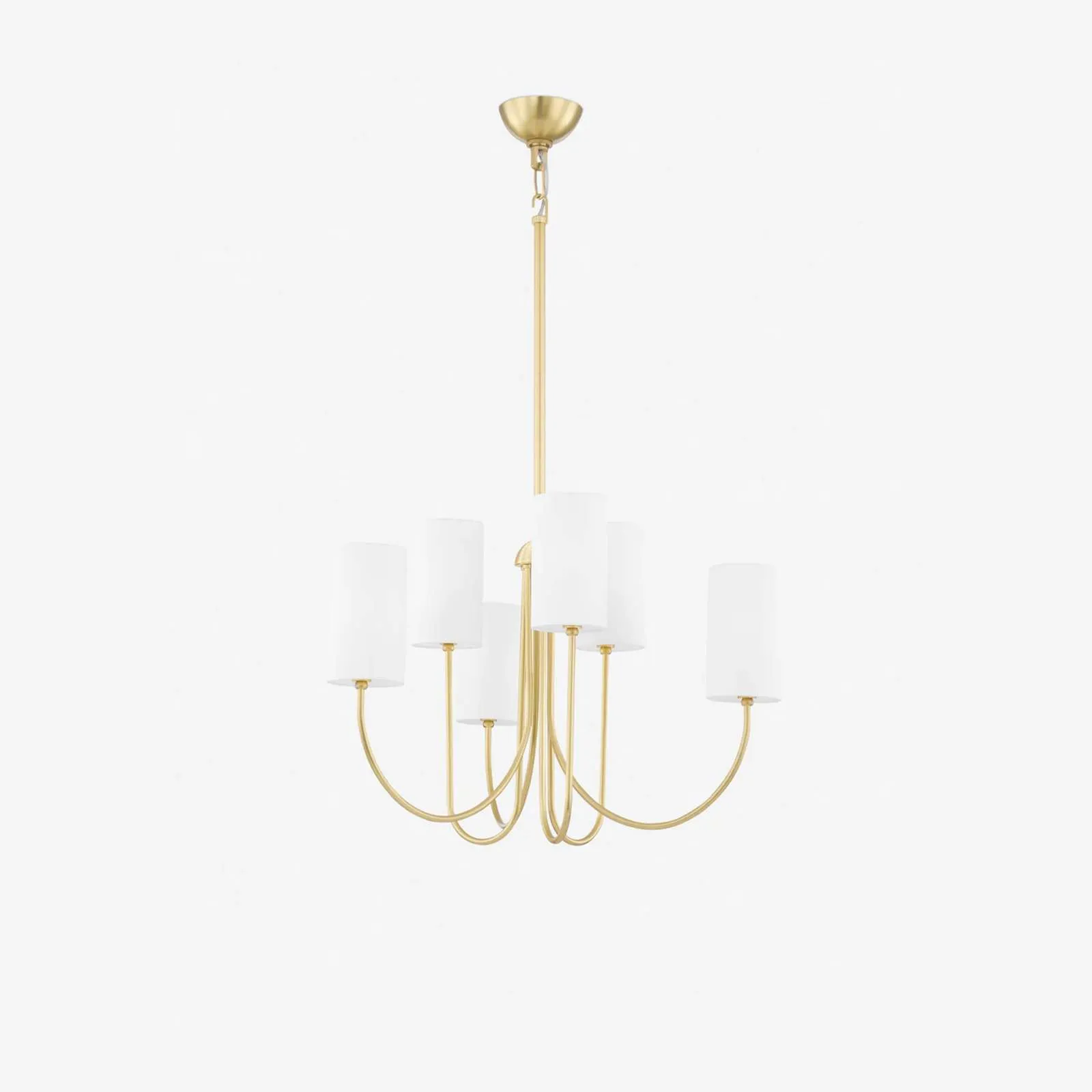 Aged brass linen-shade dining room chandelier centered over a dining table