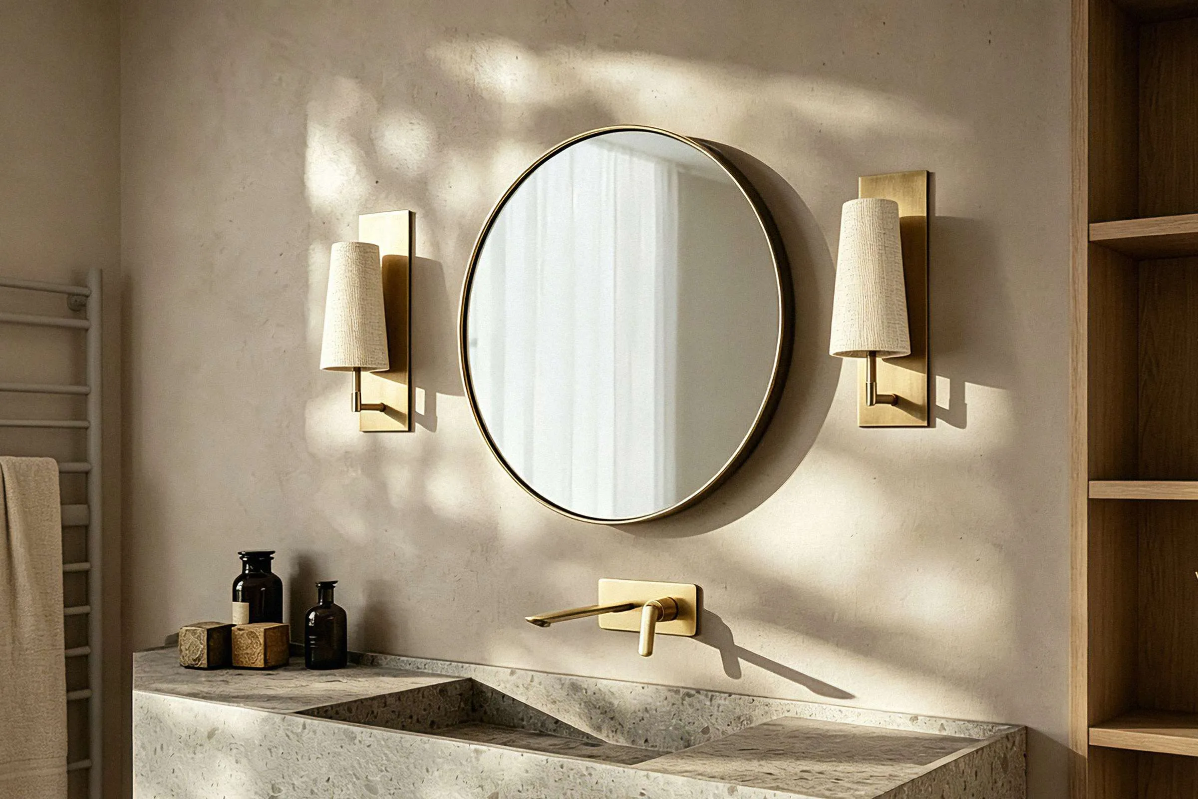 Brass vanity sconces flanking bathroom mirror