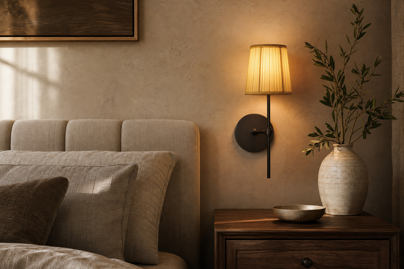 Bedroom wall sconce with warm ambient lighting