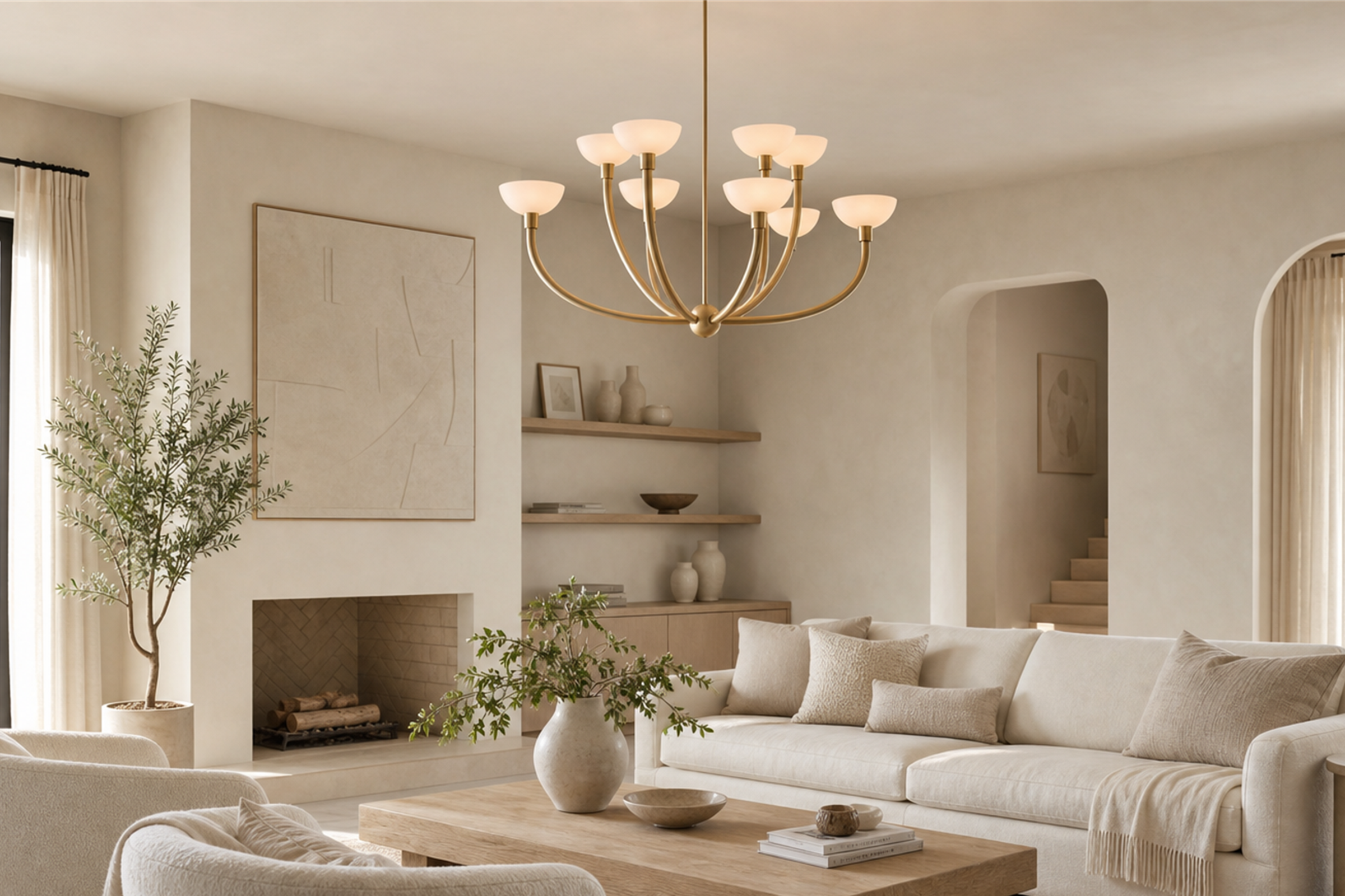 Living room with layered chandelier and lamps