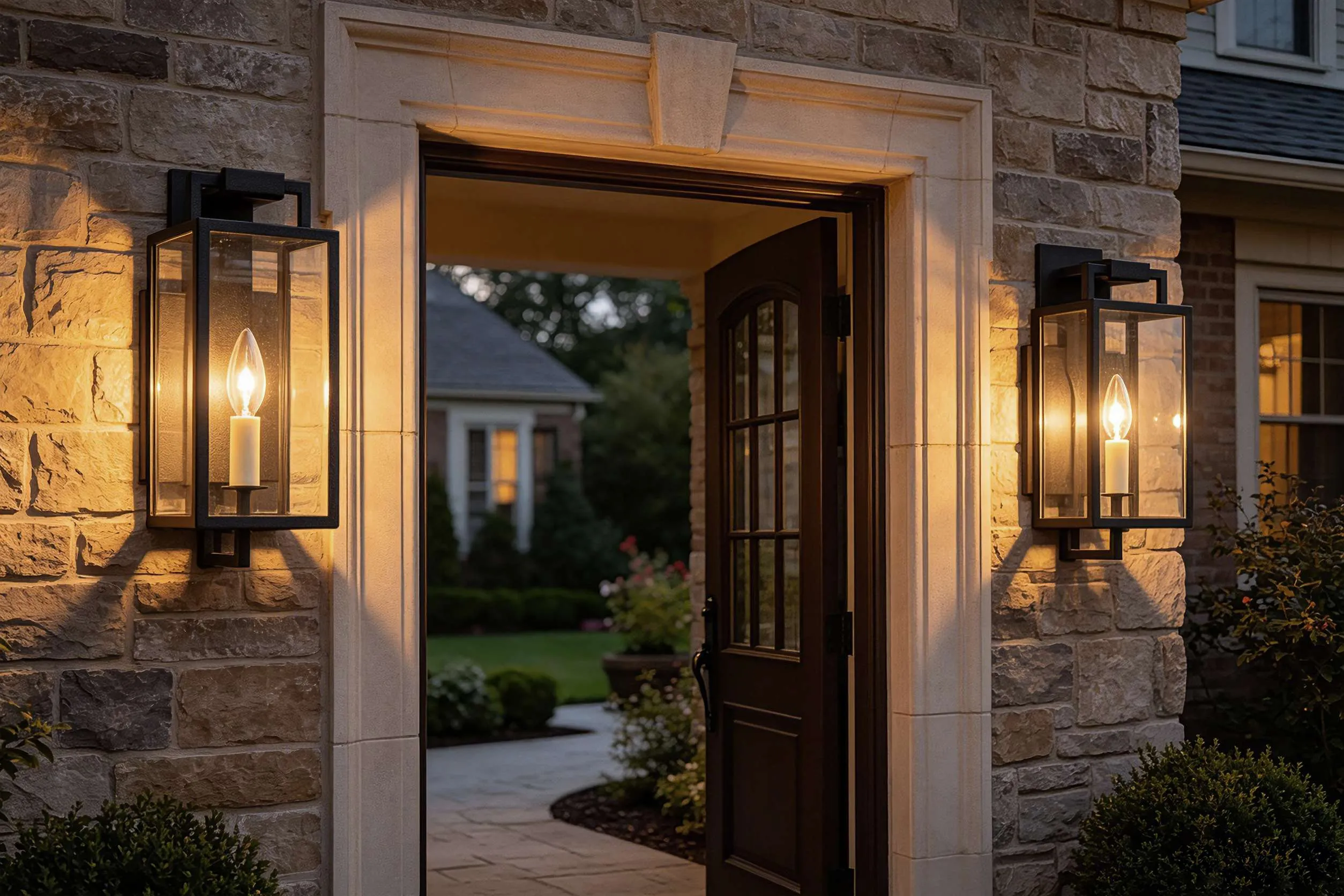 Black stone entryway with illuminated outdoor wall sconces